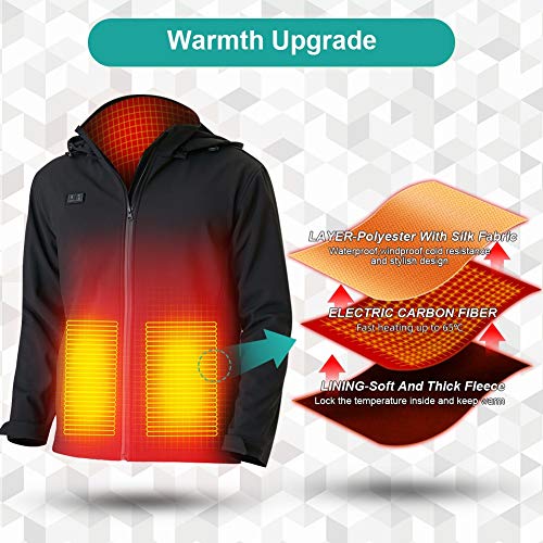 Eléctrica Chaqueta Calefacción, Abrigo Capucha Con Calefacción USB con Interruptor Doble y 4 Almohadillas Térmicas, Chaqueta Invierno Lavable y Resistente al Viento para Actividades al Aire Libre (XL)