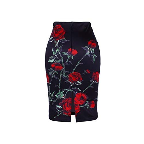 ERLIZHINIAN Flor de la Moda Rosas Rojas Mujer de impresión en lápiz señora de Las Faldas Chicas Fondo Negro S-4XL Falda al por Mayor (Color : WWP0043, Size : XXL)