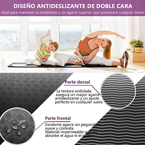 Esterilla Deporte Antideslizante Estera Yoga Colchonetas Pilates Mat Fitness Ecológica TPE para Entrenamiento de Gimnasia 183x61cm, con Correa Y 2 Bandas Elasticas