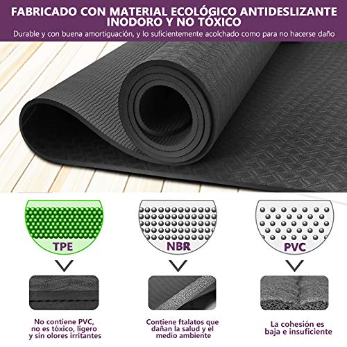 Esterilla Deporte Antideslizante Estera Yoga Colchonetas Pilates Mat Fitness Ecológica TPE para Entrenamiento de Gimnasia 183x61cm, con Correa Y 2 Bandas Elasticas