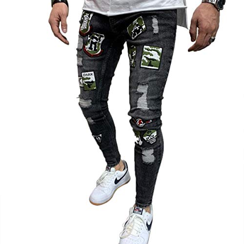 Estilos Hombres Elásticos Ripped Skinny Biker Bordado Estampado Jeans Destruido Agujero con Cinta Slim Fit Denim Rayado Jean XXL Azul