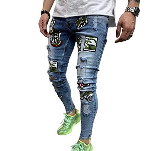 Estilos Hombres Elásticos Ripped Skinny Biker Bordado Estampado Jeans Destruido Agujero con Cinta Slim Fit Denim Rayado Jean XXL Azul