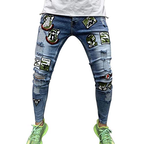 Estilos Hombres Elásticos Ripped Skinny Biker Bordado Estampado Jeans Destruido Agujero con Cinta Slim Fit Denim Rayado Jean XXL Azul