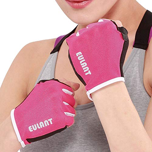 EULANT Guantes de Fitness Respirable, Guantes Gimnasio Pesas, Guantes de Medio Dedo para Mujer y Hombre,Resistente a La Abrasion, Bicicleta Musculacion Entrenar,Rojo L