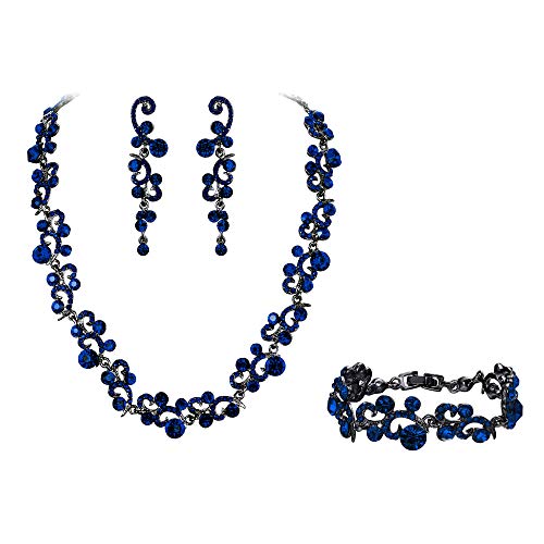 EVER FAITH Juegos de Joyas para Mujer Cristal Austríaco Boda Flor Oleada Collares Pendientes Conjunto Pulsera Azul Tono Negro