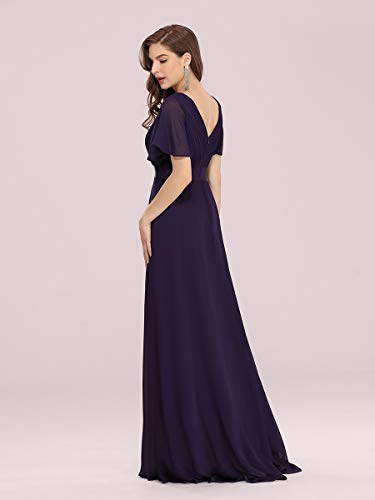 Ever-Pretty A-línea Vestido de Noche Cuello en V Manga Corta Gasa Corte Imperio para Mujer Morado Oscuro 46