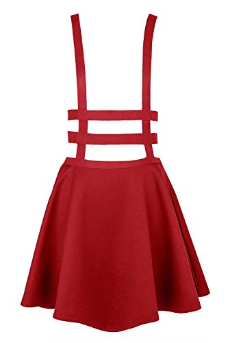 EXCHIC Falda de Cintura Elástica con Pliegues de la Moda A-Line Suspender Brace Falda (L, Rojo)