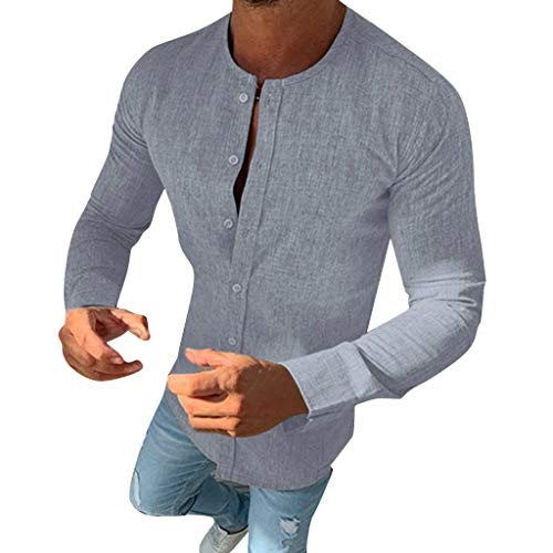 Explosión Otoño Moda Color Sólido El Botón Cuello Redondo Mezcla De Algodón Hombre Manga Larga Camisa Ocio Cárdigans Hombre Tops Camisetas A orillas del mar Al Aire Libre Hombre Ropa MEIbax