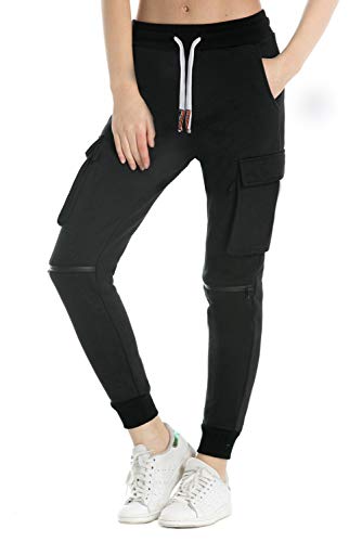 Extreme Pop Mujer Pantalones de chándal de algodón Puro Joggers de Corte Slim Pantalones Cargo de Punto de Rizo francés Colores Negro Gris Azul (M, Negra)