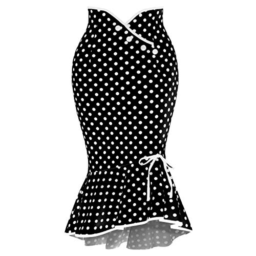 Falda para Mujer,Lenfesh Falda Retro Ruffles de Mujer con Volante Falda de Bodycon Largo Vintage Falda de Cola de Pescado Estampado de Lunares Elegantes de Cóctel Fiesta Noche (Negro, M)