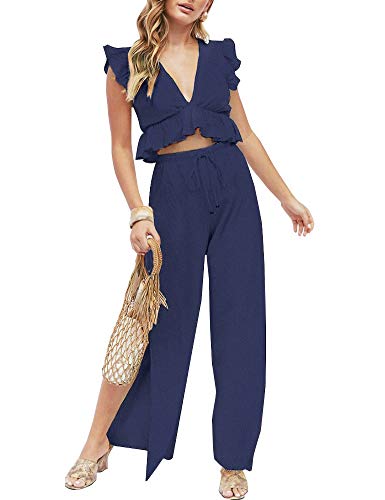 FANCYINN 2 Piezas Mujer Conjunto Fiesta Playa Verano Pantalon y Top (Azul Marino, XL(EU 46))