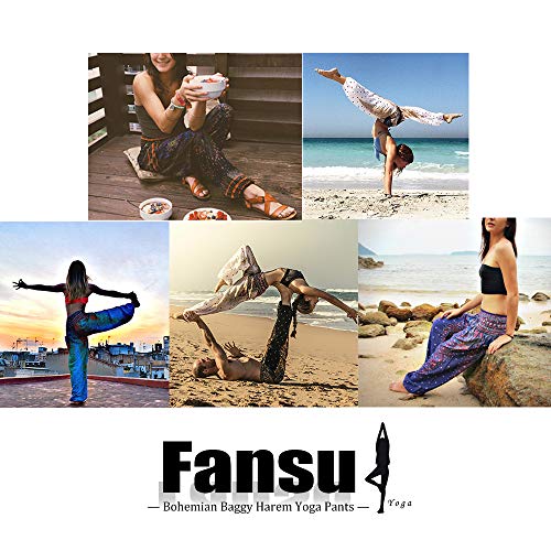 Fansu Pantalones Boho Mujer Verano, Casual Harem Yoga Hippies Bohemio Impreso Desgaste Playa Fiesta (una Talla,Negro)