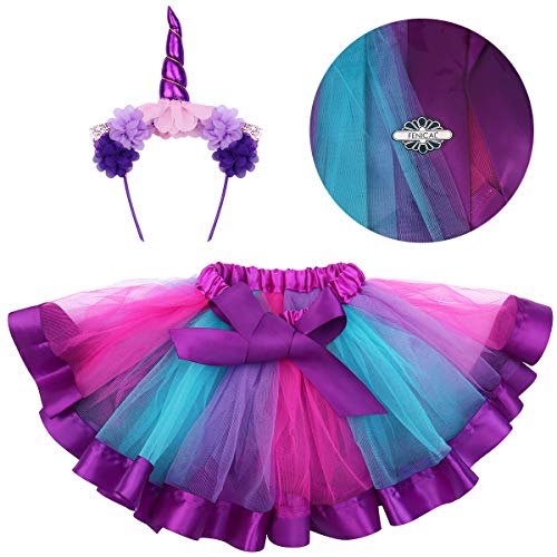 FENICAL Disfraz de Unicornio para Niñas Diadema Unicornio Floral con Oreja y Falda Tutú de Arco Iris Disfraz para Fiesta Púrpura Tamaño L