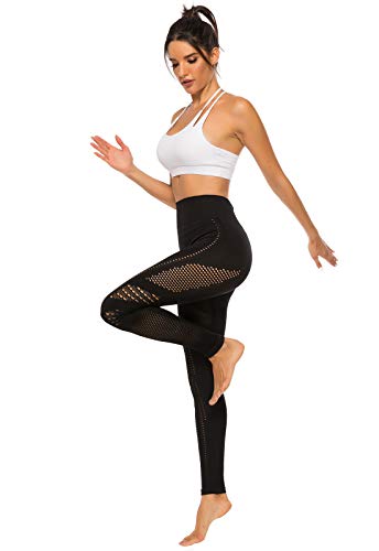 FITTOO Leggings Sin Costuras Corte de Malla Mujer Pantalon Deportivo Alta Cintura Yoga Elásticos Fitness Seamless #1 Negro S