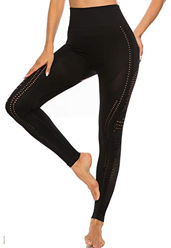 FITTOO Leggings Sin Costuras Corte de Malla Mujer Pantalon Deportivo Alta Cintura Yoga Elásticos Fitness Seamless #1 Negro S