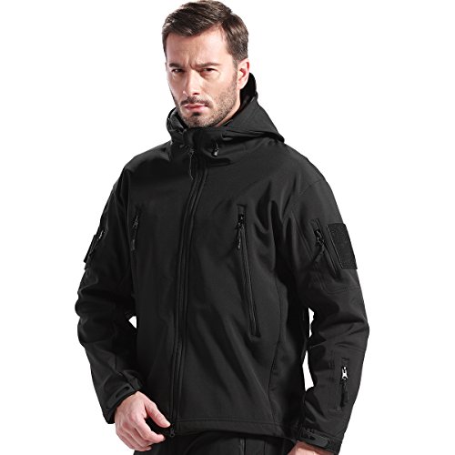 FREE SOLDIER Chaquetas Invierno para Hombre Cazadoras Militar Softshell Ropa de Trabajo Impermeable con Forro Polar para Exteriores Chaquetas de Caza Multibolsillos con Capucha(Negro,L)