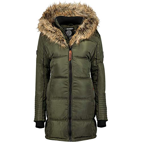 Geographical Norway BEAUTIFUL LADY - Parka cálida mujer - Abrigo grueso con capucha de piel falsa - Chaqueta de invierno - Chaqueta larga con forro cálido - Regalo para mujer Moda casual (XXL caqui)