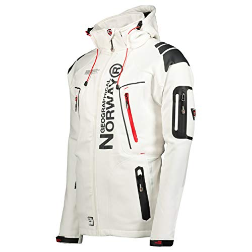 Geographical Norway TECHNO MEN - Chaqueta Softshell Impermeable Para Hombres - Capucha Hombre Transpirable Exteriores - Chaqueta De Invierno De Viento - Actividades Ideales Exteriores BLANCO S