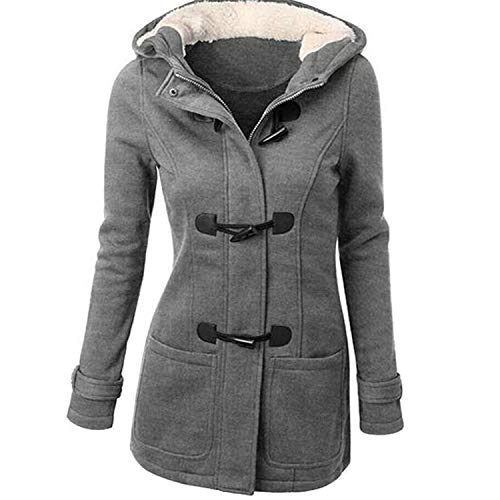 GHYUGR Abrigos con Horn Botones Mujer Invierno Elegantes Slim Chaqueta con Capucha Lana Capa Jacket Sudadera Pullover Outwear Parka,Gris,L