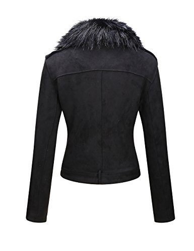 Giolshon Chaqueta Corta de Gamuza Sintética para Mujeres, Chaqueta de Moto con Cuello Desmontable de Piel Sintética Negro X-L