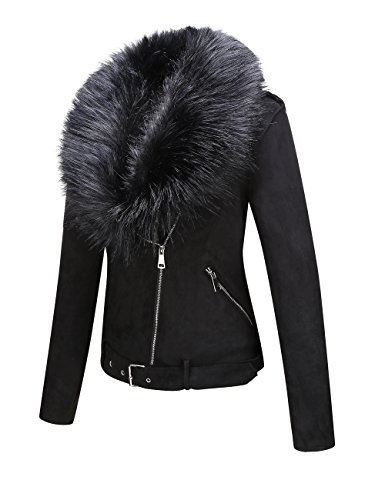 Giolshon Chaqueta Corta de Gamuza Sintética para Mujeres, Chaqueta de Moto con Cuello Desmontable de Piel Sintética Negro X-L