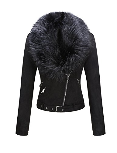 Giolshon Chaqueta Corta de Gamuza Sintética para Mujeres, Chaqueta de Moto con Cuello Desmontable de Piel Sintética Negro X-L