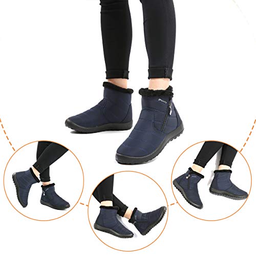 gracosy Botas de Mujer Otono Invierno Goma Encaje Forro de Piel Punta Redonda Botas de Nieve Zapatos de Trabajo Formal Calzado Antideslizante Ligero Botines Que Caminan, Azul, 39