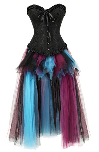 Grebrafan Corset Clasico Brocado Corsé Tallas Grandes con Falda De Tul Largo (EU(48-50) 6XL, Negro)