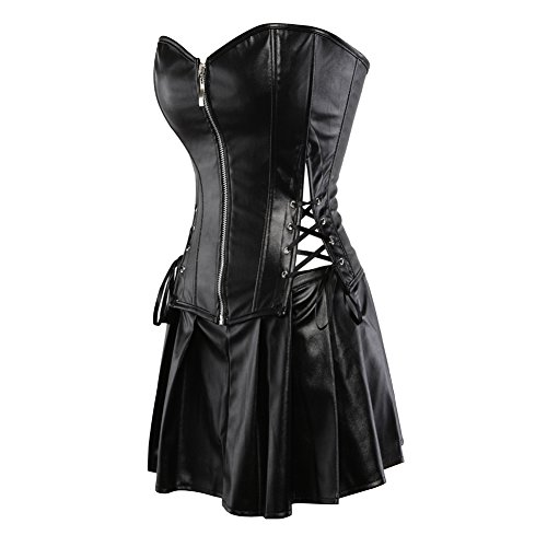 Grebrafan De Lujo Clásico Corset Imitación Cuero Corsé Mini Falda Conjunto (EUR(38-40) XL, Negro)