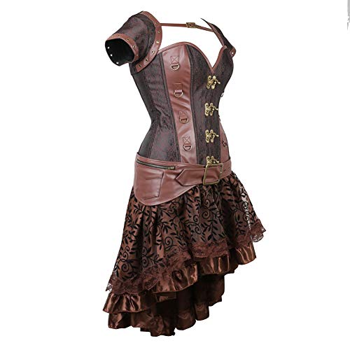 Grebrafan Mujer Corset Pirata Cuero Corsé de Piel con Falda Conjunto Steampunk (EUR(44-46) 4XL, Marrón)