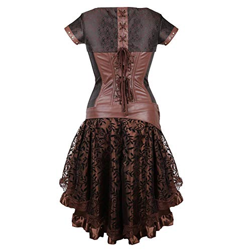 Grebrafan Mujer Corset Pirata Cuero Corsé de Piel con Falda Conjunto Steampunk (EUR(44-46) 4XL, Marrón)