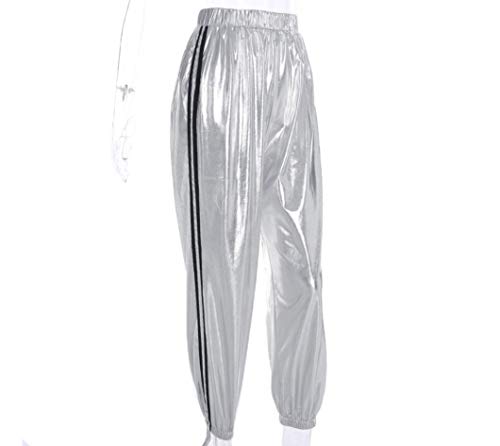 Greetuny Pantalones Raya Mujer Clásico Chandal Casual Jogging Moda Cuero Brillante Plateado Pantalones Chandal Mujer Tiro Alto Personalidad Adolescente Pantalones Anchos Hip Hop Mujer