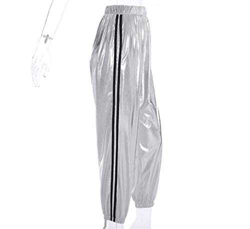 Greetuny Pantalones Raya Mujer Clásico Chandal Casual Jogging Moda Cuero Brillante Plateado Pantalones Chandal Mujer Tiro Alto Personalidad Adolescente Pantalones Anchos Hip Hop Mujer