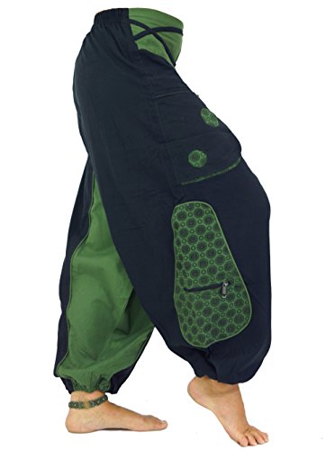 GURU-SHOP, Pantalón Harén Pluderhose Pumphose Aladdin Pantalón Espiral, Negro/Verde, Algodón, Tamaño:M (38), Pantalones Pluderhosen y Aladin