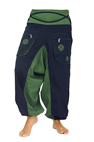 GURU-SHOP, Pantalón Harén Pluderhose Pumphose Aladdin Pantalón Espiral, Negro/Verde, Algodón, Tamaño:M (38), Pantalones Pluderhosen y Aladin