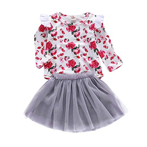 HaiQianXin 2 unids/Set Niño recién Nacido Moda para niños Chica Flor Rosa Mameluco de Manga Larga + Tutu Falda de Malla (Color : 18M-24M)