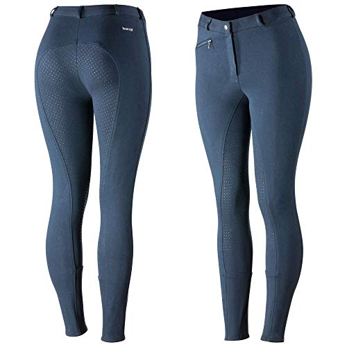 HORZE Pantalones de Montar Active para Mujer con Asiento Completo de Silicona, Bolsillos con Cremallera y bajo elástico, Todas Las Tallas, Azul, 38