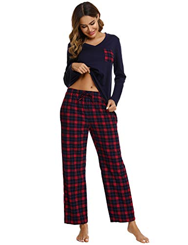 iClosam Pijama Cuadros Mujer Invierno Algodon Mangas Largas Camiseta y Pantalones Conjunto Ropa de Dormir Casa Casual Suave y Comodo Talla Grande S-XXL