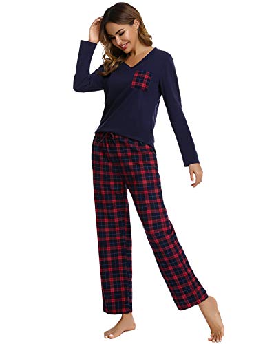 iClosam Pijama Cuadros Mujer Invierno Algodon Mangas Largas Camiseta y Pantalones Conjunto Ropa de Dormir Casa Casual Suave y Comodo Talla Grande S-XXL