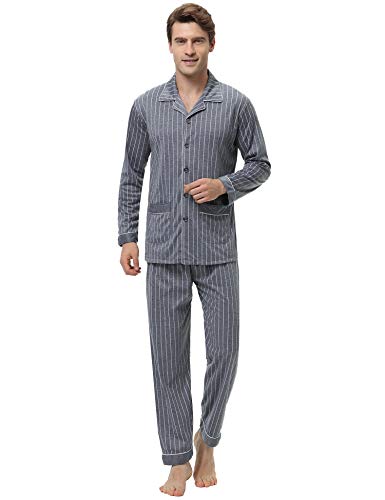 iClosam Pijama Hombre Invierno Largo Set,Pijamas Rayas con Botones Algodón Ropa a Cuadros para Dormir Casa Suave y Cómodo S-XXL