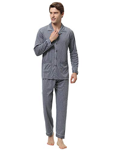 iClosam Pijama Hombre Invierno Largo Set,Pijamas Rayas con Botones Algodón Ropa a Cuadros para Dormir Casa Suave y Cómodo S-XXL