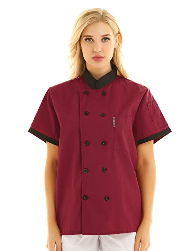 IEFIEL Camisa de Cocinero Camiseta Manga Corta Cuello Mandarín Unisexo para Hombre Mujer Chaqueta Chef con Botónes Uniforme de Cocina Hotel Restaurante Rojo Vino XX-Large