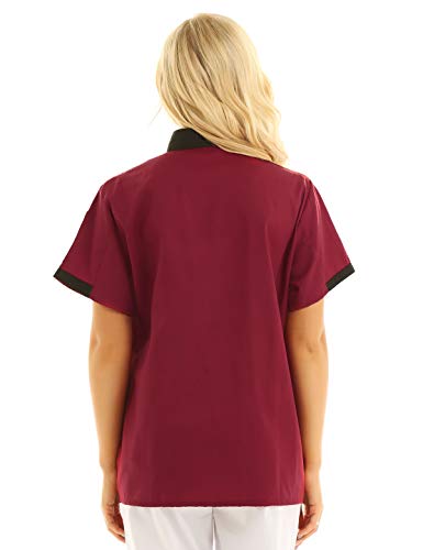 IEFIEL Camisa de Cocinero Camiseta Manga Corta Cuello Mandarín Unisexo para Hombre Mujer Chaqueta Chef con Botónes Uniforme de Cocina Hotel Restaurante Rojo Vino XX-Large