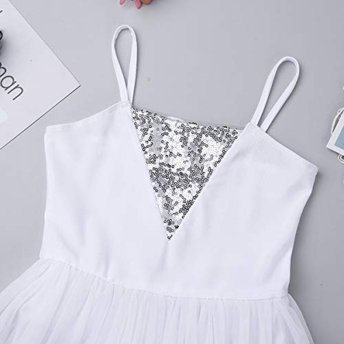 iiniim Maillot Leotardo Vestido de Danza Ballet Elástico Niña Tutú Princesa Lentejuelas Brillante Dancewear Infantil con Falda sin Mangas para Niñas Infantil 3-14 Años Blanco 5-6 años