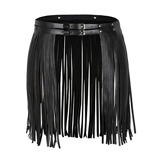 iixpin Mujer Falda con Flecos Borla de Cuero PU Punk Mini Falda Cinturón Ajustable con Hebillas para Fiesta Danza Noche Club Type A Negro Talla Única