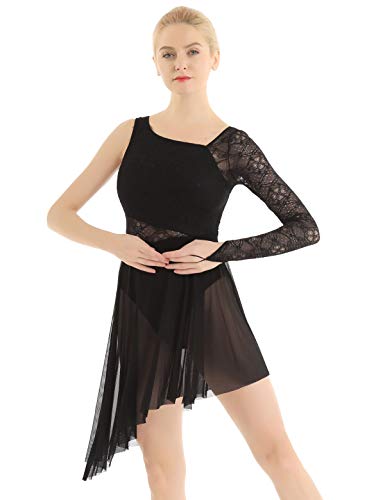 iixpin Vestido de Danza Lírica Moderna Maillot de Patinaje Artística Traje Bailarina Vestido de Encaje Floral Falda Asimétrica de Tul con Bragas Negro X-Small