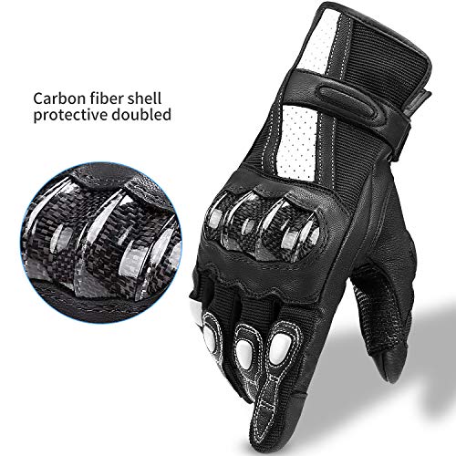 INBIKE Guantes Moto Piel Cuero De Pantalla Táctil Hombre Mujer con Protecciones De Carbono, Excelente Transpirabilidad Gran Resistencia A La Abrasión Y A Los Impactos(IM19810-Blanco M)