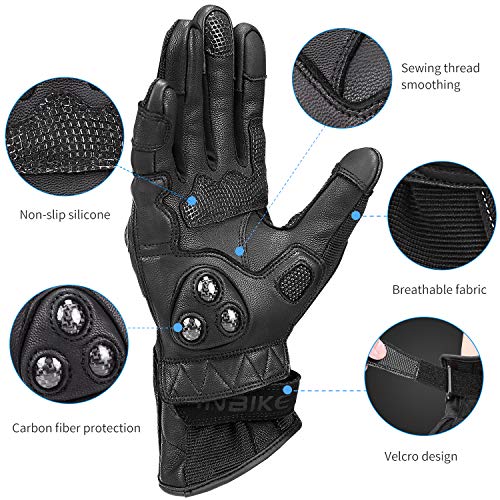 INBIKE Guantes Moto Piel Cuero De Pantalla Táctil Hombre Mujer con Protecciones De Carbono, Excelente Transpirabilidad Gran Resistencia A La Abrasión Y A Los Impactos(IM19810-Blanco M)