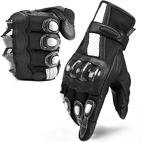 INBIKE Guantes Moto Piel Cuero De Pantalla Táctil Hombre Mujer con Protecciones De Carbono, Excelente Transpirabilidad Gran Resistencia A La Abrasión Y A Los Impactos(IM19810-Blanco M)