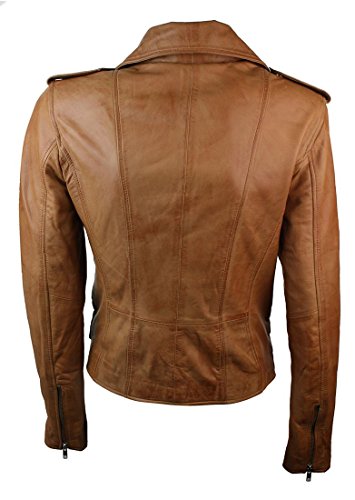 Infinity 7113 Chaqueta Ajustada de Cuero para Mujer Retro Estilo Biker - Marron, X-Small